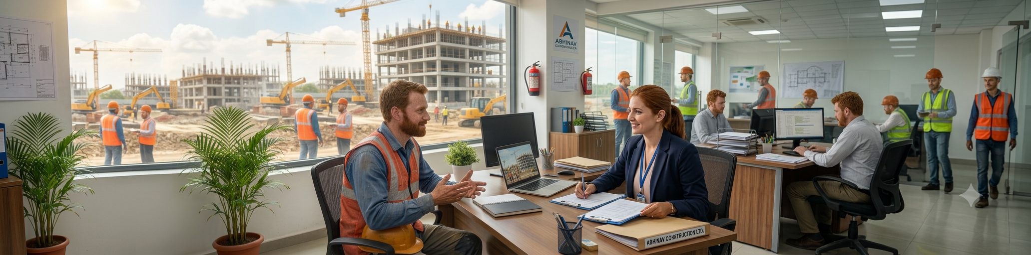 A construction worker meeting a company manager in a site office overlooking a building project