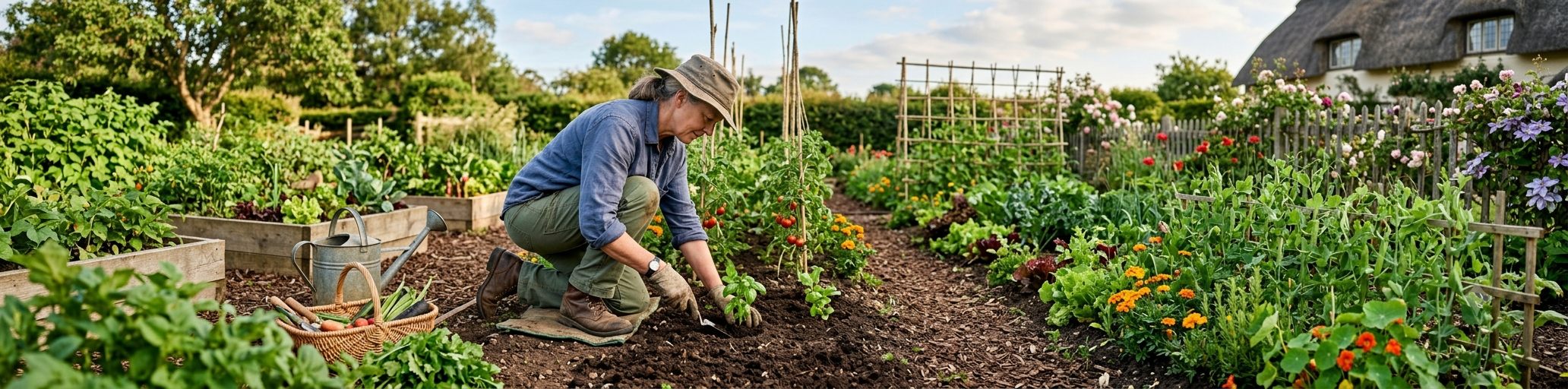 A gardener kneeling to plant seedlings in a cottage vegetable garden