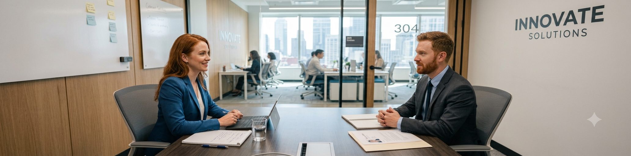 Two people in a glass-walled office meeting room during a job interview