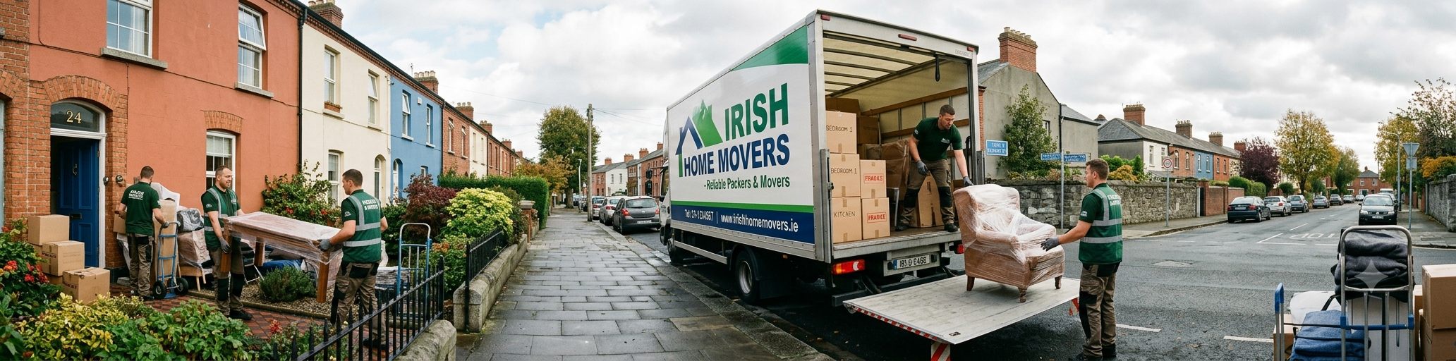 A removals team loading furniture into a van on a terraced Dublin street